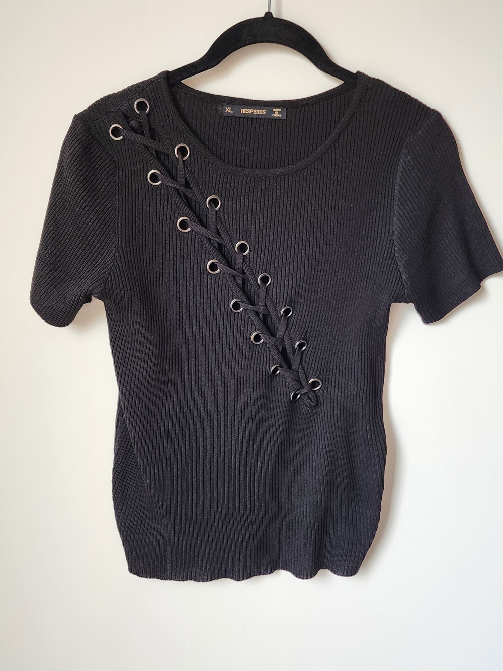 Lace-Up Ribbed Short Sleeve Top